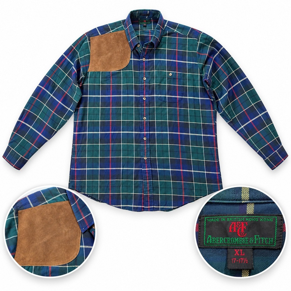 Abercrombie & Fitch Hunting Shirt Mens XL Plaid Green Navy Suede Patch Vintage